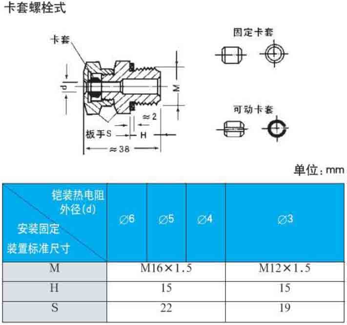三線製熱電阻卡套螺栓式安裝尺寸圖