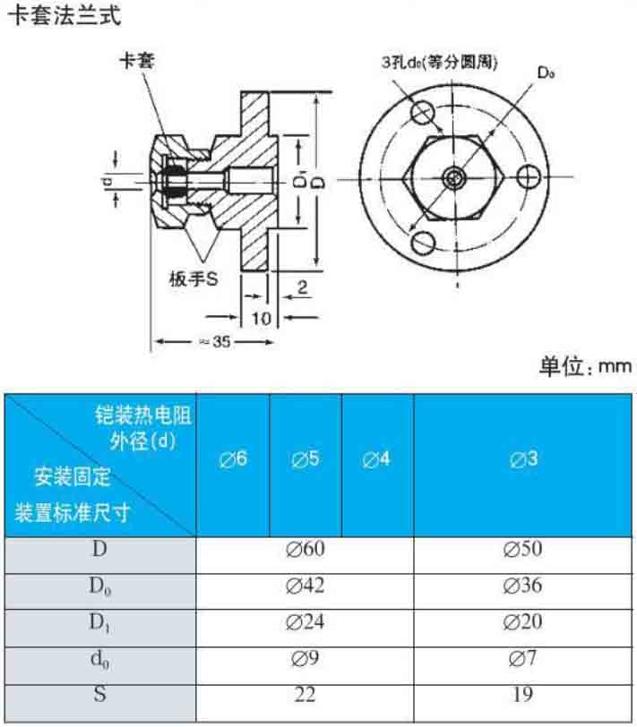 三線製熱電阻卡套法蘭式安裝尺寸圖